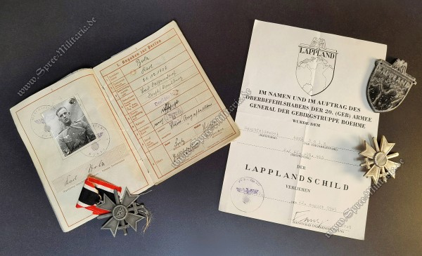 Wehrpass/Lapplandschild Orden Konvolut mit Verleihungsurkunde