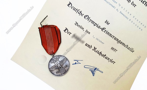 Deutsche Olympia-Erinnerungsmedaille mit Verleihungsurkunde